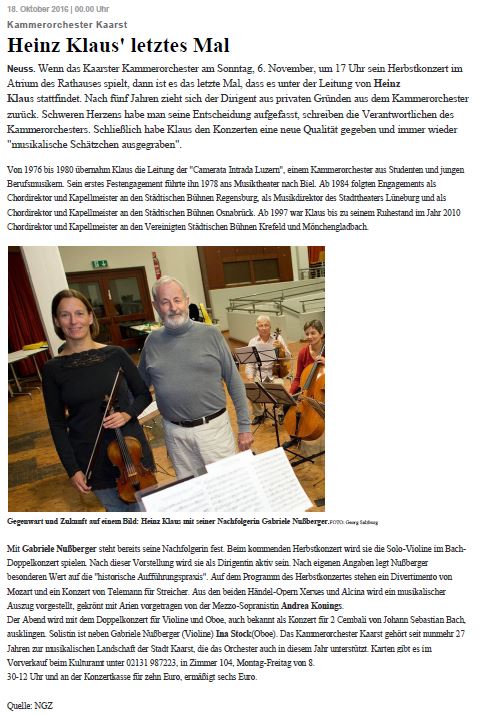 NGZ Konzertankündigung Kammerorchester Kaarst 6.11.2016